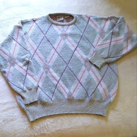 Vintage‎ Gray White Pink Purple Grandmacore Argyle Long Sleeve Oversized Sweater - Picture 1 of 11